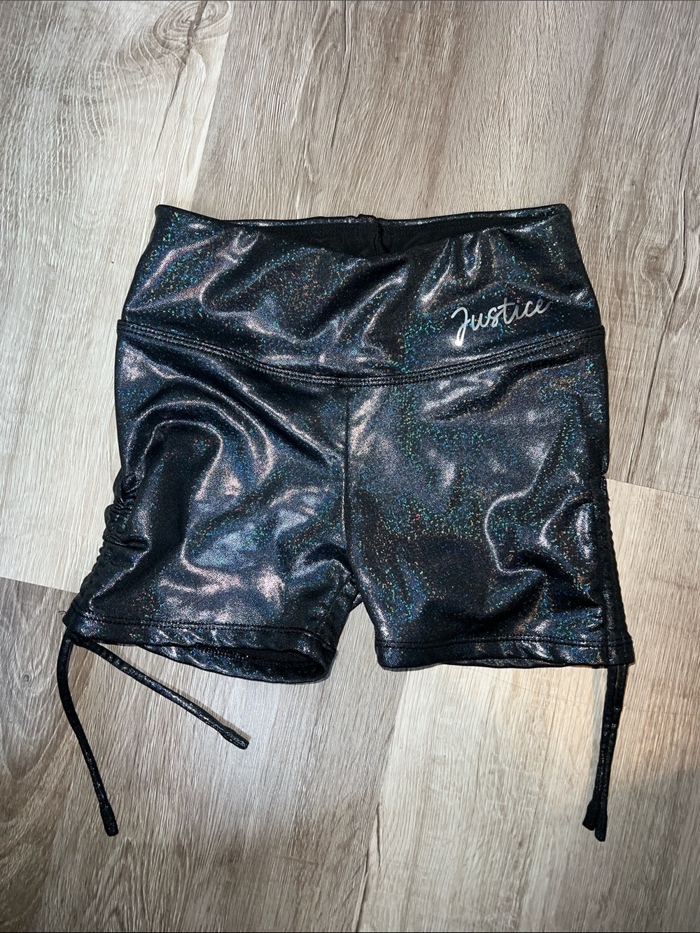 Justice Black Holographic Gymnastics Shorts with Side Ruched Ties
